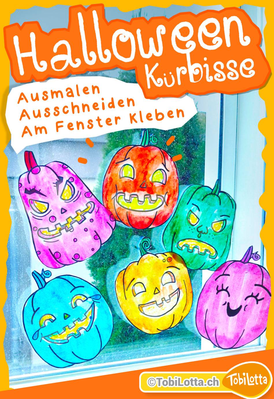 Kürbisse-Halloween-Fesnterbilder-zum-ausdrucken-bastelvorlage halloween basteln mit kindern kürbisse basteln