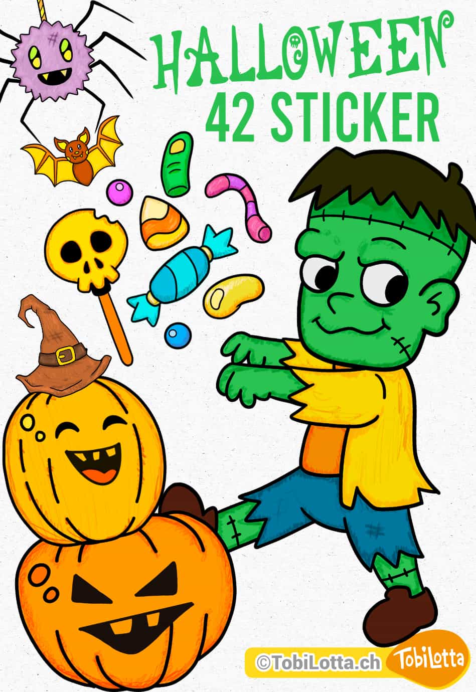 Halloween sticker Aufkleber Badges zum Ausdrucken Ausmalvorlage Halloween Katze, Kürbis, Frankenstein, Süssigkeiten, Hexenbesen, Hexenhut, Hexenkugel 3