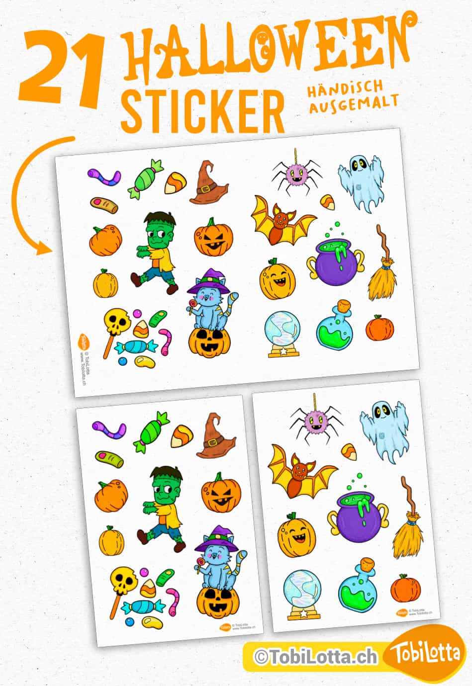 63349 Halloween sticker Aufkleber Badges zum Ausdrucken Ausmalvorlage Halloween Katze, Kürbis, Frankenstein, Süssigkeiten, Hexenbesen, Hexenhut, Hexenkugel