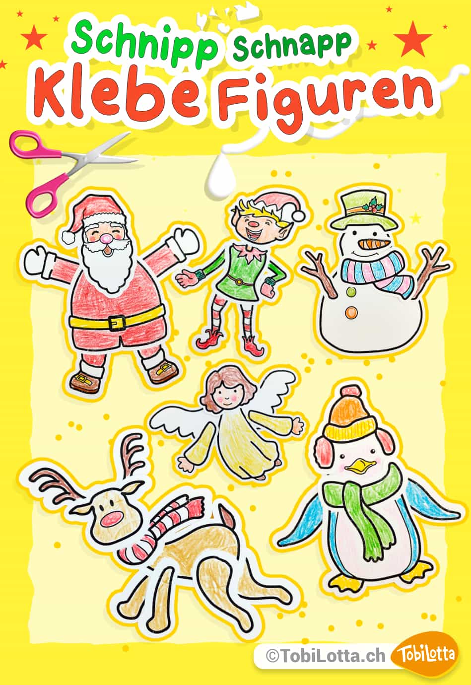 Weihnachtsbasteln-Weihnachtsmann-Schneemann-Elf-Engel-Kinder-Basteln-Vorlage-zum-Ausdrucken figuren sticker weihnachten weihnachtskärtchen basteln download bastelbögen kinder