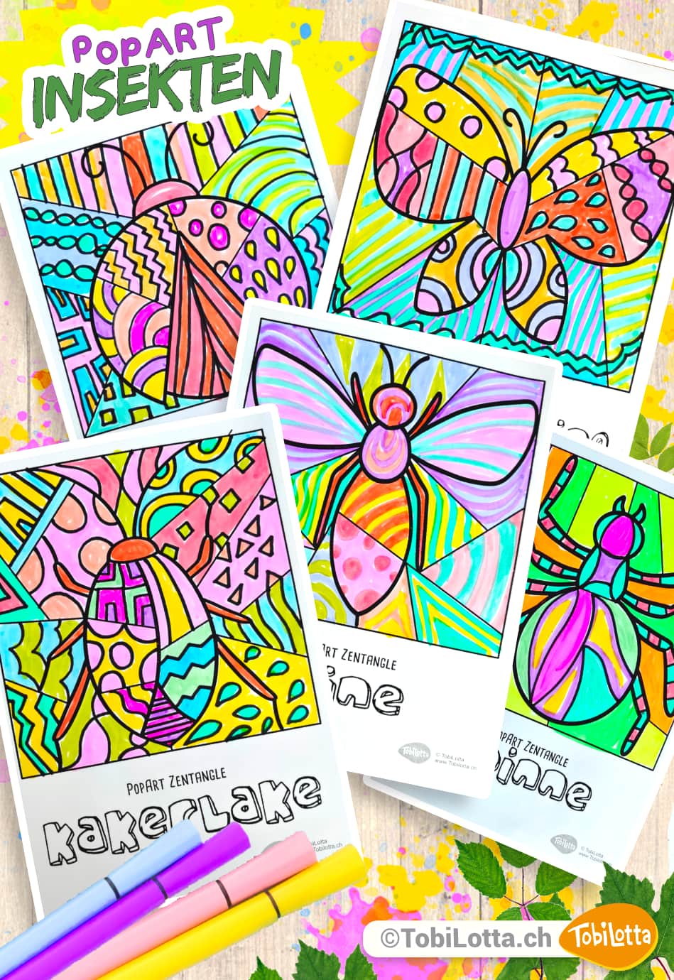 Insekten-PopArt-Zentangle-insekten-malvorlage-popart-kunst-schule-lernen-kinder-popart-kultur-vorlagen-zum-ausdrucken-pdf frühlingsbasteln frühling diy