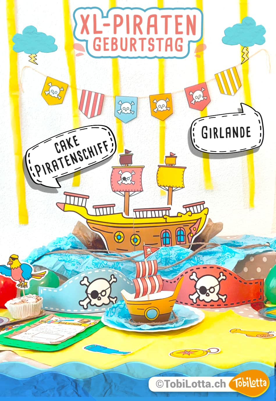 Piratenschiff-Geburtstagsparty-XL-Vorlage bastelset schiff geburtstagsdeko piraten herunterladen gratis vorlage piratenschiff bastelbogen