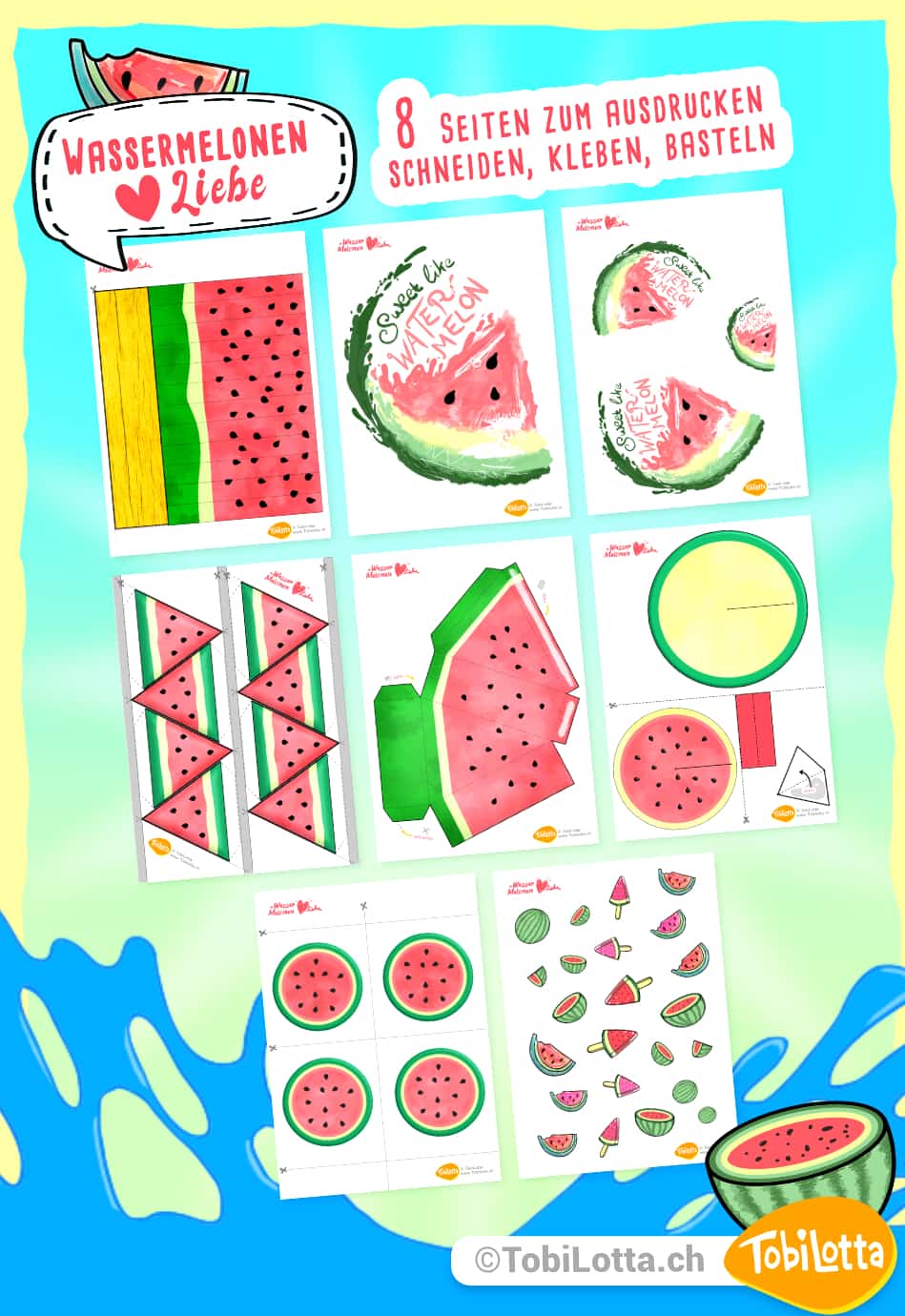 3- 99510 Wassermelonen party deko sommer basteln mit kindern wassermelone diy früchte vorlagen zum ausdrucken bastelvorlagen pdf herunterladen ausdrucken