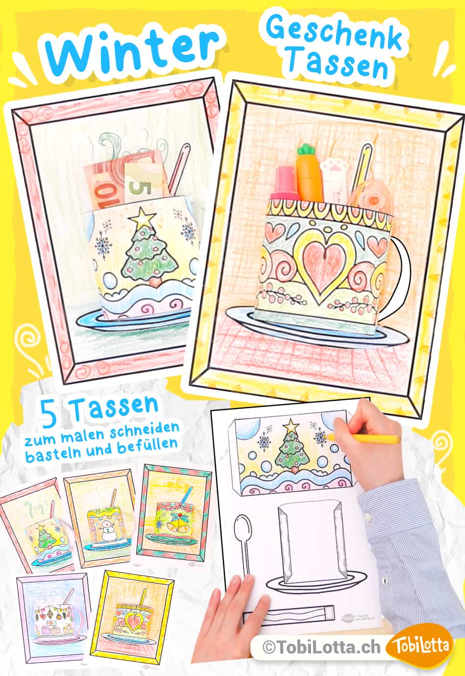 Tassen Geschenke Vorlage zum ausmalen und basteln