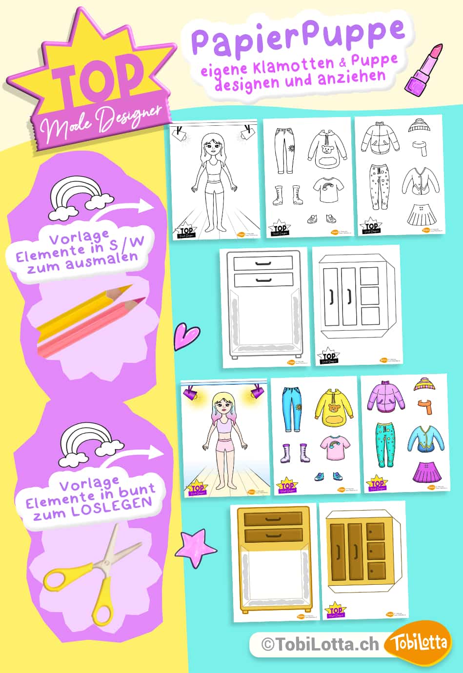 Papier-Puppe-zum-anziehen-TOP-Model-Kinder-Vorlagen-zum-ausdrucken-Modedesign-Spiele-zum-ausdrucken-Klamotten-designen-Vorlage-gratis-Barbie-shop-basteln-mit-kindern-puppe, barbie puppe kleider klamotten design, basteln mit mädchen, papierpuppe pdf vorlage gratis, bastelshop kinder,