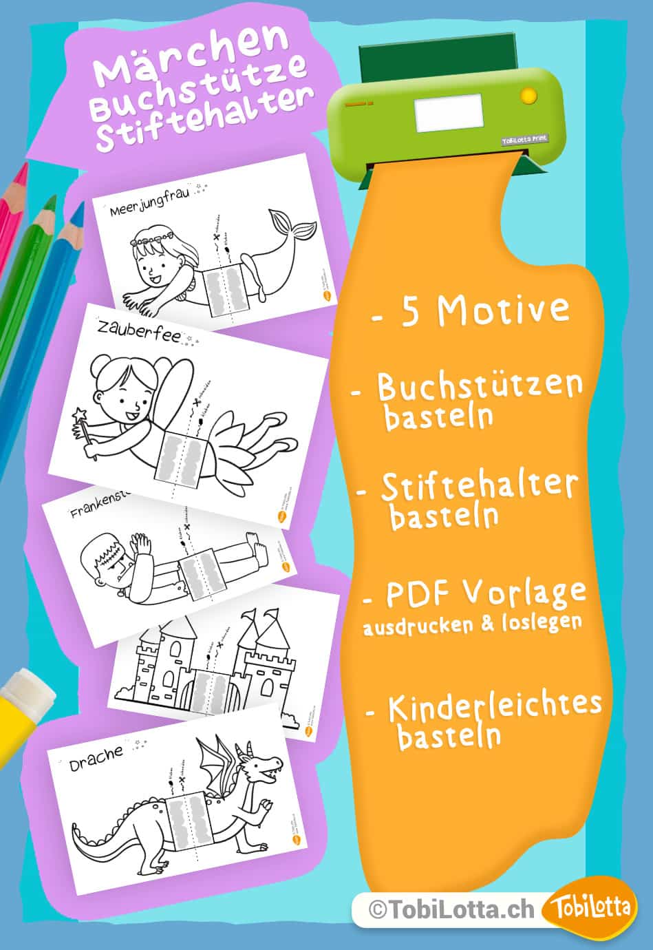 123359 -4- drache meerjungfrau fee frankenstein schloss basteln Buchstütze Buchzeigen Stiftehalter Kinderbücher basteln Vorlage kaufen bastelshop büchershop märchen bastelvorlagr