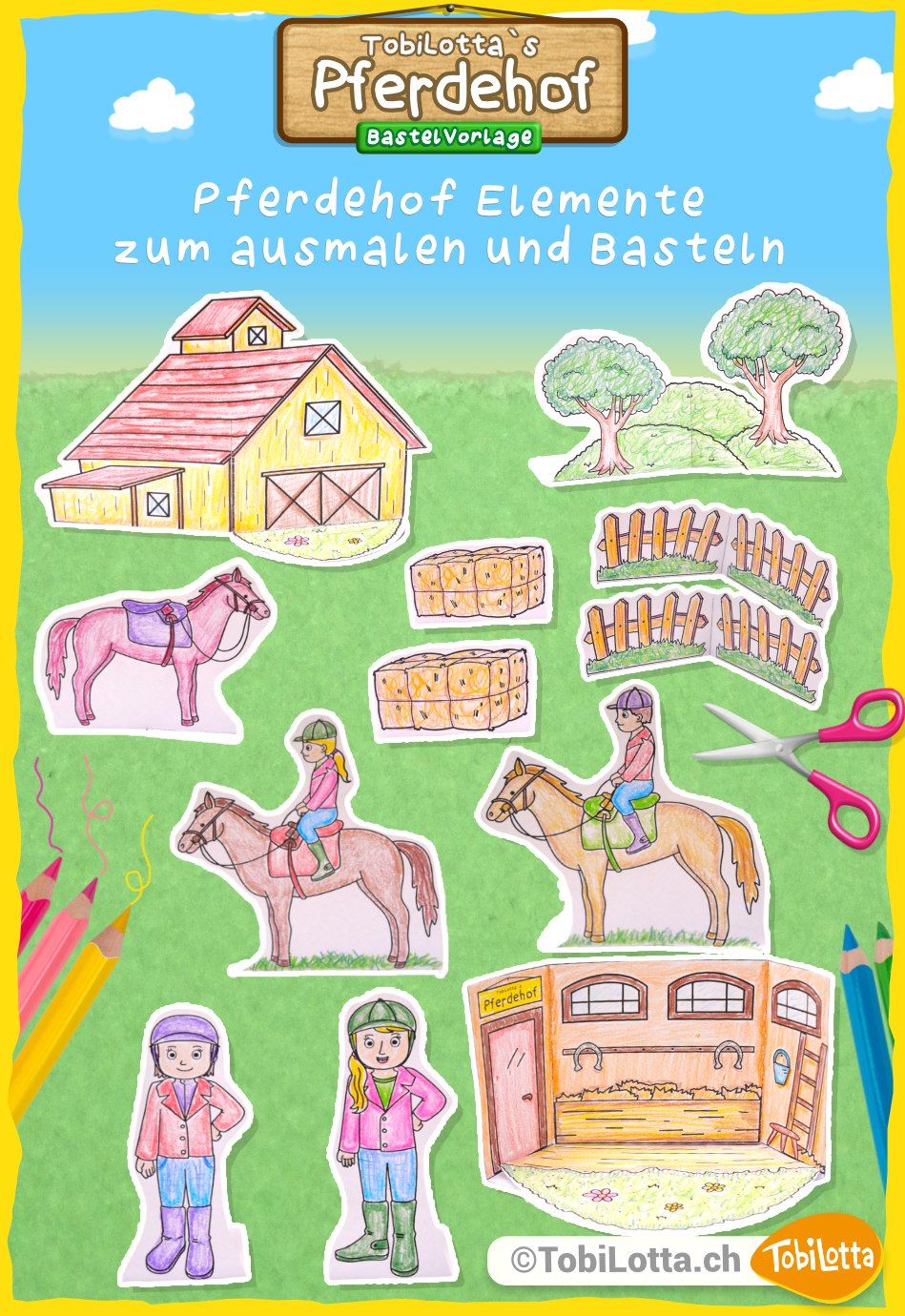 Pferdehof-Bastelvorlage-zum-ausdrucken-Bastelbogen-PDF-Vorlage-Ponyhof-basteln-pferd-basteln-kinder-bibi-und-tina-basteln-martinshof