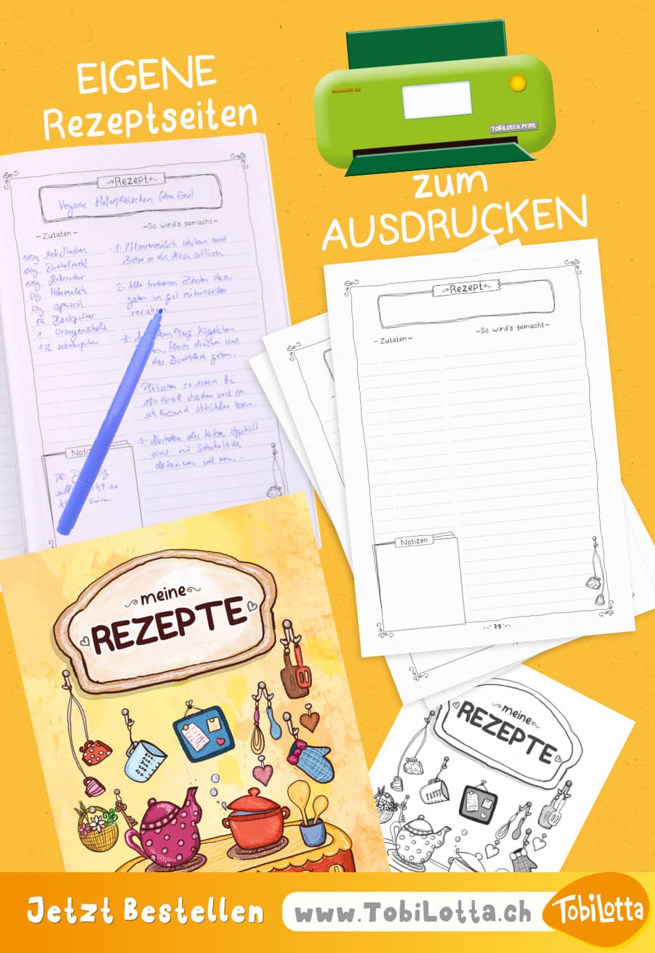 REZEPTBUCH /REZEPTKARTEN zum Ausdrucken / Selberschreiben DIY Rezeptbuch für Kinder