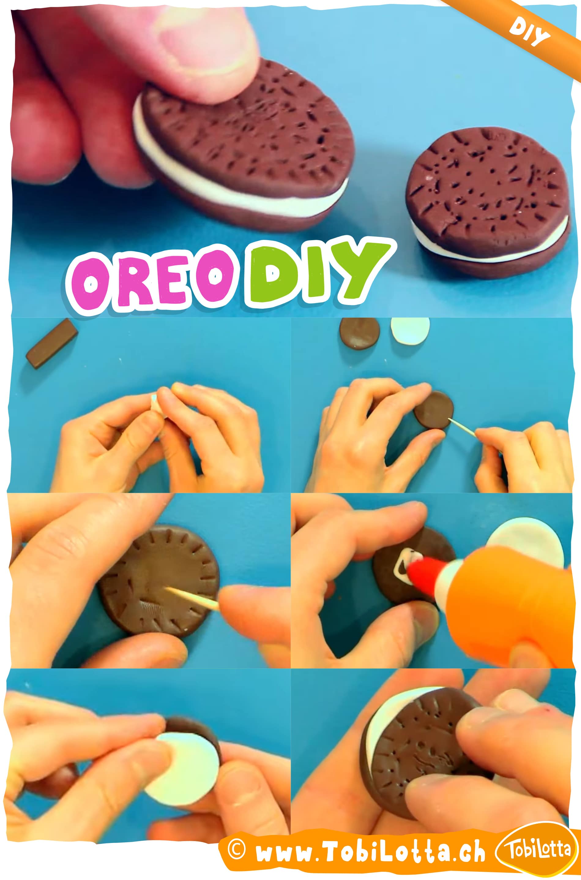Fimo Oreo Kekse Miniatur Basteln DIY Kinderprojekt Zahnstocher Anleitung Kreativ Idee Handarbeit Polymer Clay Knete Kekse selber machen Oreo Design Kunsthandwerk Modellieren Backen Ofen Aushärten Schmuck Dekoration Kinderhandwerk Modelliermasse Flach drücken Füllung Keksmuster Spielzeug Miniaturen Crafting Tutorial Kinder basteln Bastelideen Kinder Knete selber machen Kühlschrank Magnete